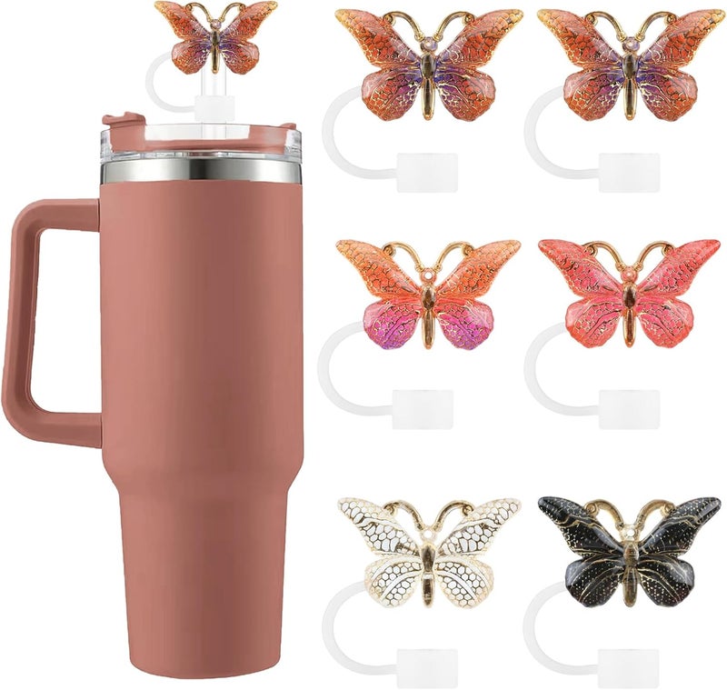 SEMATA 6PCS Cute Butterfly Straw Cover Cap for Stanley Cup Accessories,Bling Straw Toppers for Stanley Tumbler 40&30 oz,Reusable Straws Tips Protectors Compatible with 10mm Straws(Brown) - Image 1
